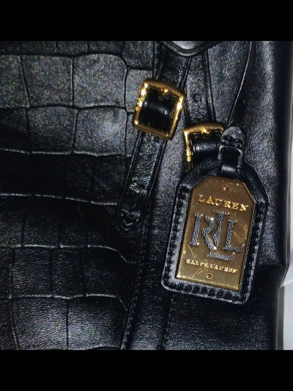 Lauren Ralph Lauren Black Croc Embossed Large Shoulder Tote Bag Gold Hardware